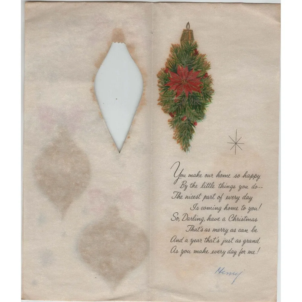 Vintage 1950s Hallmark Christmas Card Wife Slim Jim Ribbon Bows Ornaments